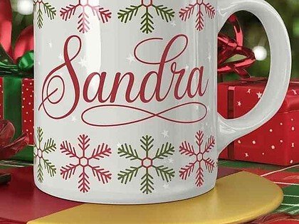 Custom Christmas mug with name Sandra and snowflake design.