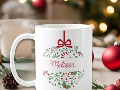 Custom Christmas mug with name Melissa and festive design for holiday gifting.