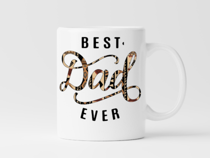 Best Dad Ever mug with stylish leopard print text design.