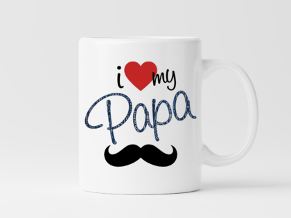 White mug with 'I love my Papa' text and mustache graphic for Father's Day.