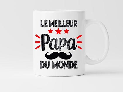 White mug with French text and decorative elements celebrating fathers.