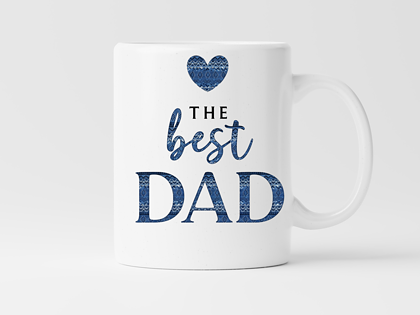 White mug with blue heart and 'The best Dad' text for Father's Day gift.