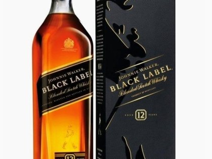 Johnnie Walker Black Label 12 Year Old whisky bottle and box.