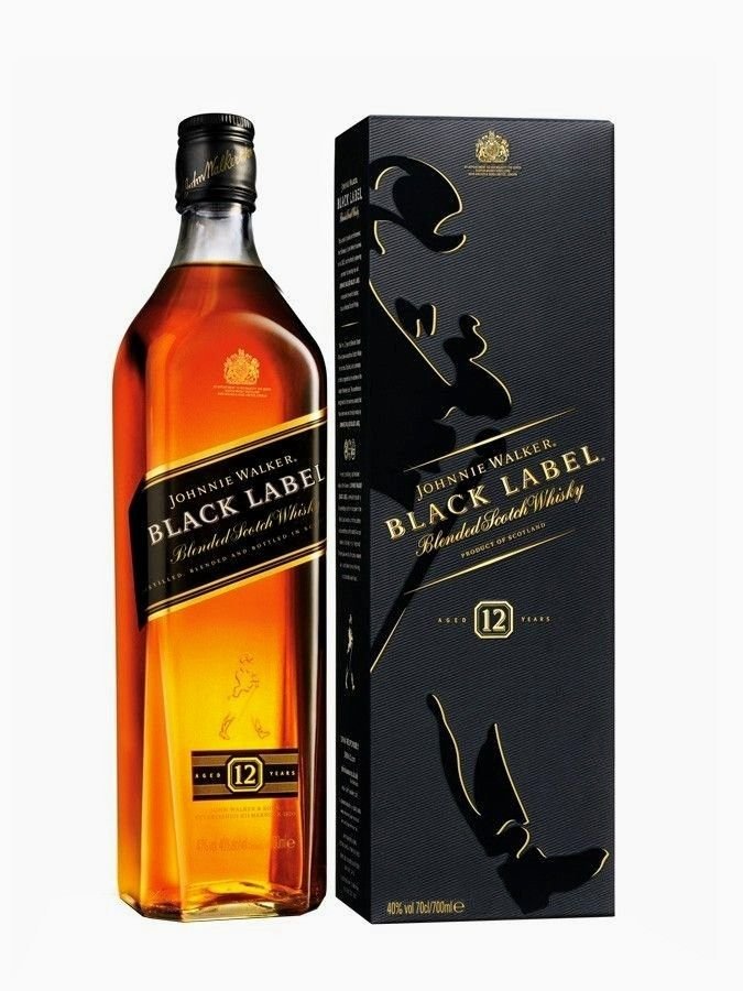 Johnnie Walker Black Label 12 Year Old whisky bottle and box.