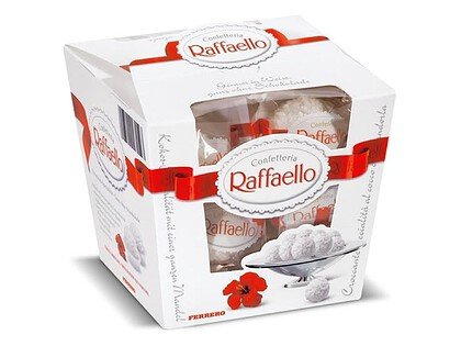 Raffaello confectionery gift box with chocolates and red ribbon.