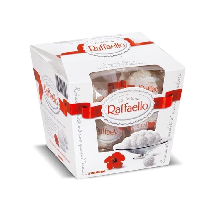 Raffaello confectionery gift box with chocolates and red ribbon.