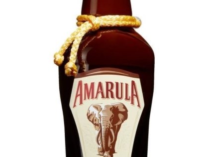 Amarula cream liqueur bottle with elephant logo and gold cap.