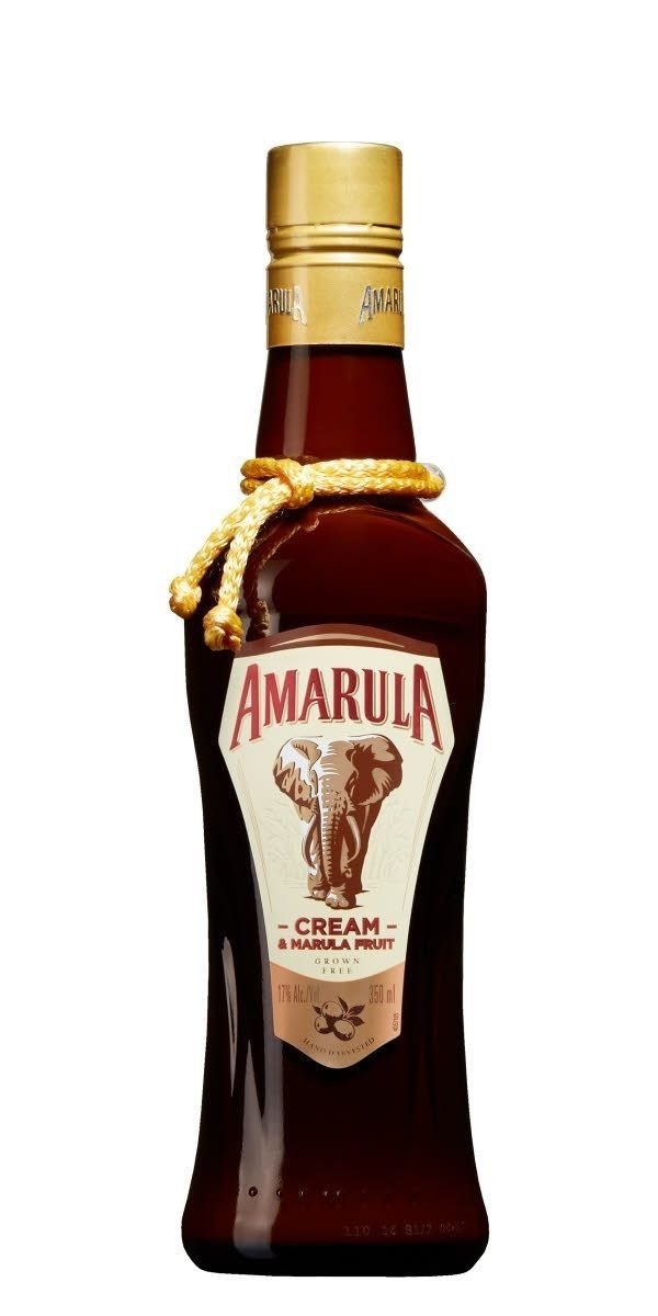 Amarula cream liqueur bottle with elephant logo and gold cap.