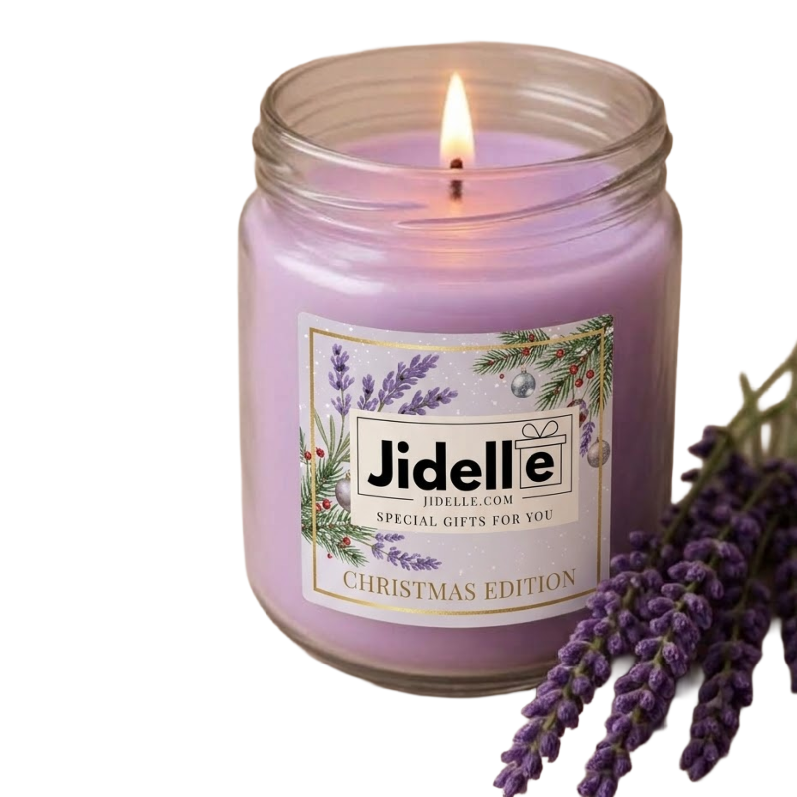 Lavender-scented candle in a glass jar with Christmas-themed label.