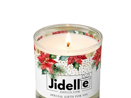 Christmas scented candle in a festive holiday-themed jar with Jidelle branding.