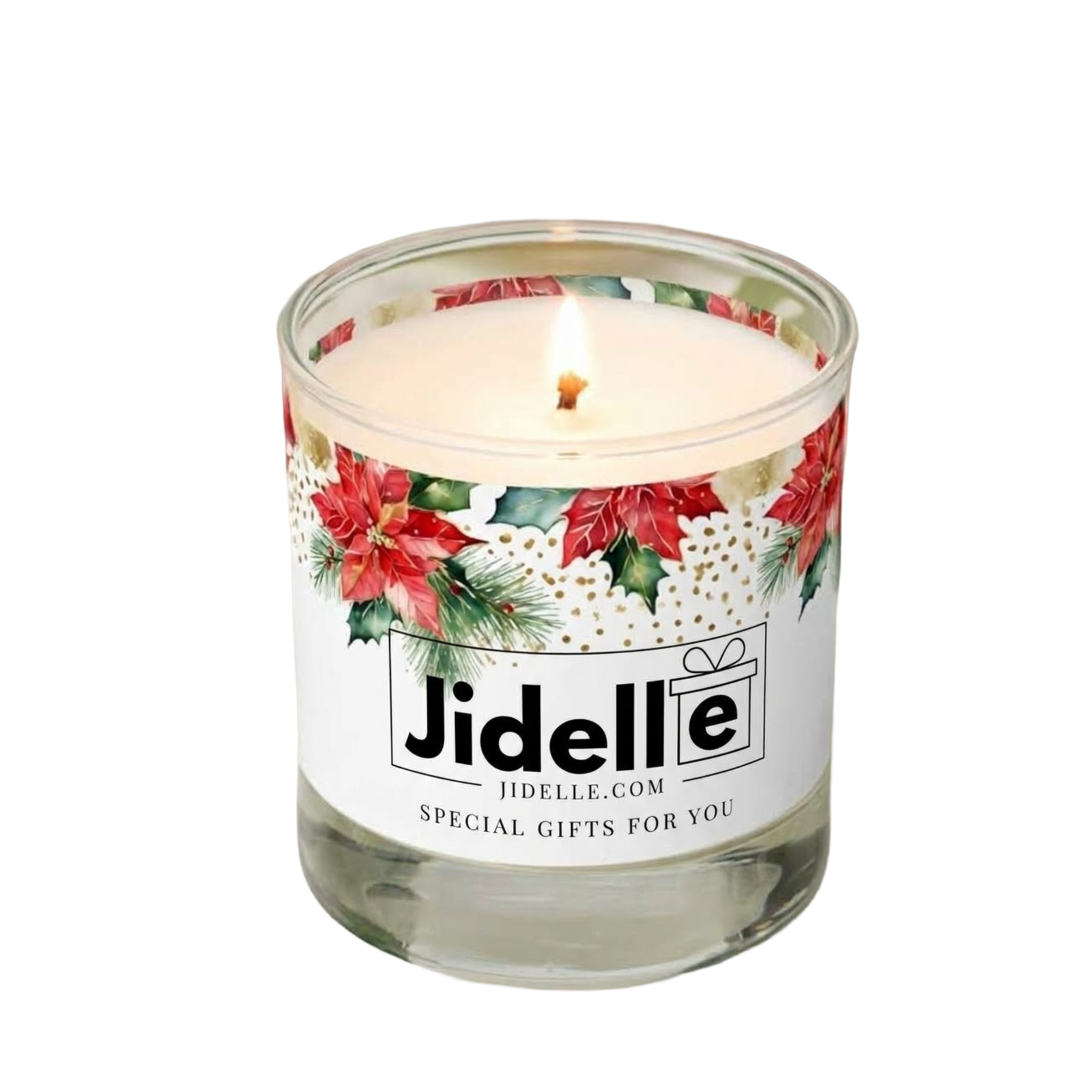 Christmas scented candle in a festive holiday-themed jar with Jidelle branding.