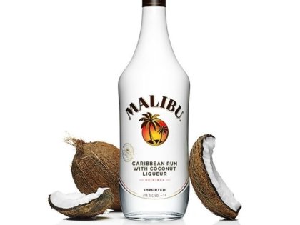Malibu Caribbean Rum with Coconut Liqueur bottle with coconuts.