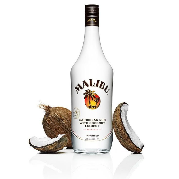 Malibu Caribbean Rum with Coconut Liqueur bottle with coconuts.
